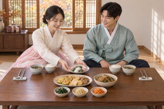 Korean Couple Sharing Chuseok Holiday Meal in Hanbok