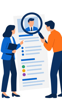 Two recruitment officers reviewing an oversized candidate resume paper using a huge magnifying glass in collaborative flat vector illustration format on an isolated plain white canvas