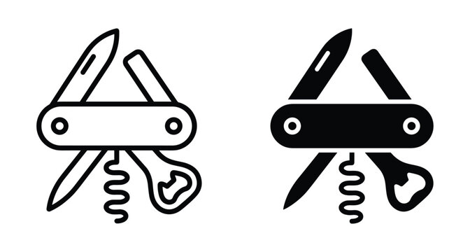 Multi tool pocket knife icon set with blade corkscrew and bottle opener for camping hiking outdoor survival and versatile utility