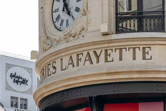 Bordeaux, France - July 14, 2026: Architectural details and signage of the Galeries Lafayette department store facade in central Bordeaux