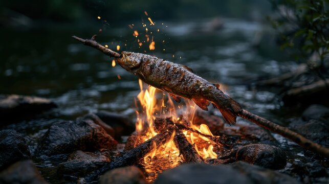 Freshly caught trout roasting on a wooden skewer over an open flame, riverbank setting, moody lighting