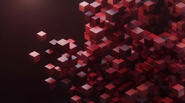 Dynamic abstract red cube explosion, geometric 3D render, modern digital art background, vibrant cubic particles, technology and data visualization concept