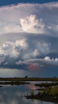 Vertical video: Lightning flashing thundercloud rising over marsh, billowing and mirroring pond