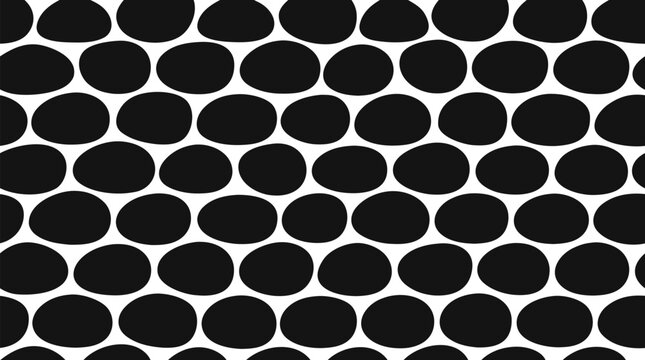 Monochromatic backdrop featuring a staggered repeating pattern of rounded black cobblestones set over white grout lines in this seamless decorative texture vector illustration background