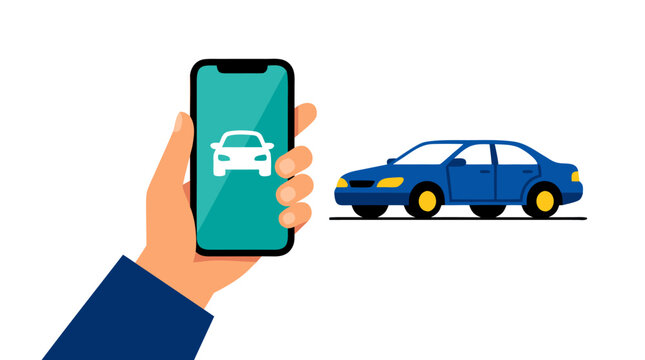 Close view of a human hand holding a smartphone with an automobile icon beside a blue passenger car in this vector illustration depicting a mobile ridesharing app on white background