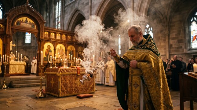 Elderly priest swinging censer with incense smoke during orthodox liturgy. Priest in golden vestments serves in cathedral with iconostasis and candles.