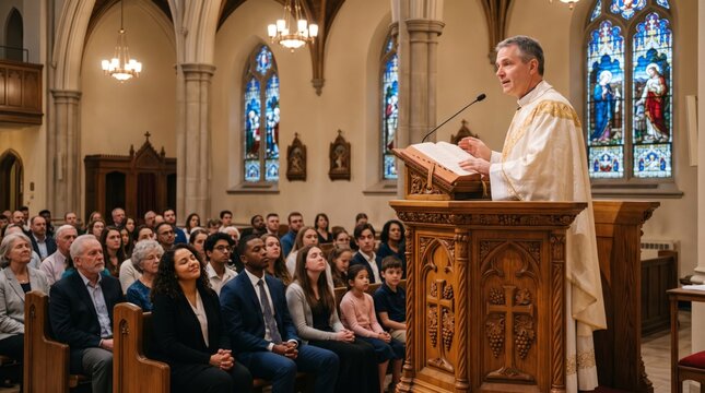 Priest giving sermon from wooden pulpit during mass in catholic church. Congregation praying in pews under stained glass windows. Christian worship and religious service concept.