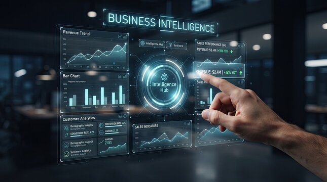 Futuristic interface a person interacting with a complex holographic data visualization system