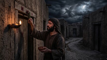 Fototapeta premium Jewish man marking doorpost with hyssop branch during Passover. Ancient village under dark stormy sky with angel of death. Biblical Passover story and Exodus tradition concept.