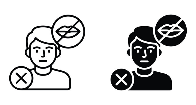 silence icon set featuring a man with a no talking symbol and cross mark for quiet zones and restricted areas