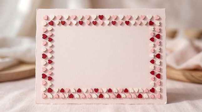 Handmade paper greeting card with delicate wooden heart frame border on textured white linen surface for romantic wedding invitation or valentine day message.