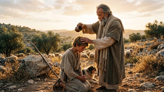 Prophet anointing young shepherd boy with oil in ancient biblical landscape. Old man pours oil on kneeling child among flock of sheep at sunset.