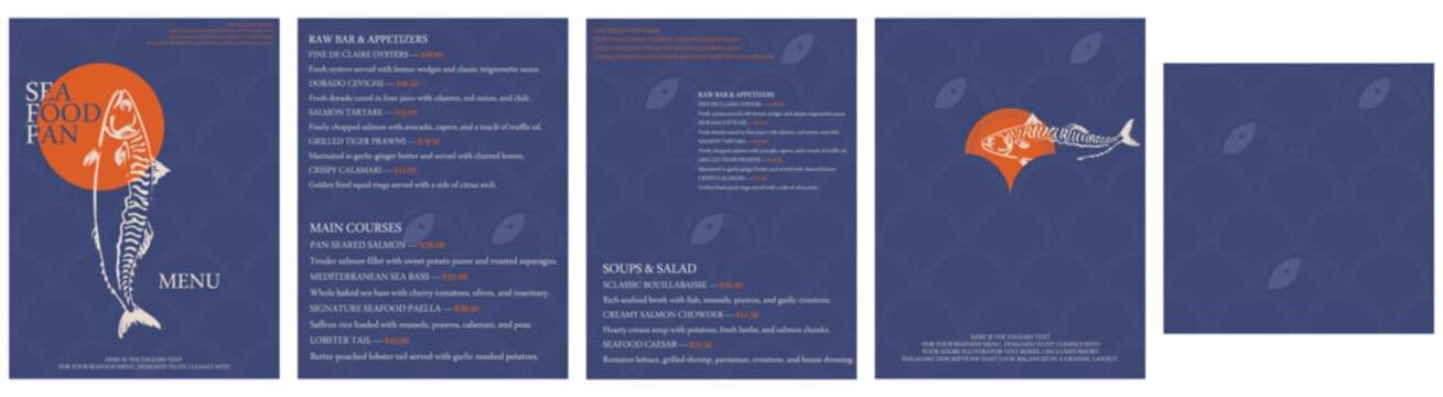 Restaurant menu Seafood template with seamless pattern set. Fish illustration minimalist layout, anchovy Ocean sea fish cuisine card background branding design