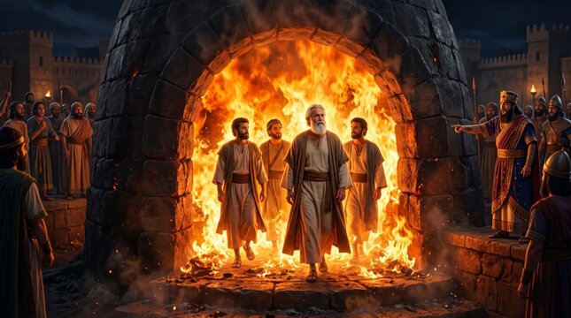 Three men in fiery furnace biblical story. King pointing at prophets walking unharmed in flames. Faith miracle and divine protection concept for religion and church.
