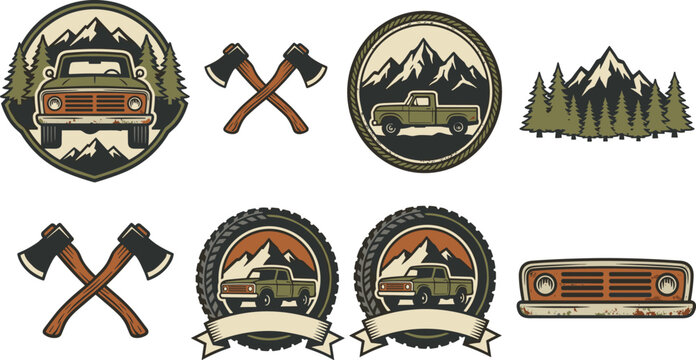 Vintage outdoor adventure badges set with pickup trucks, mountains, forests, and crossed axes