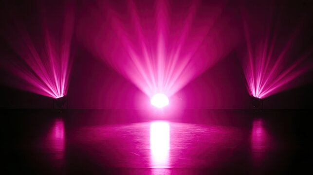Concentrated pink and magenta stage lighting beams illuminating dark performance space with copy space