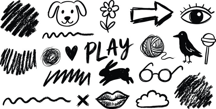 Hand Drawn Doodle Icon Set with Animals Nature Shapes and Scribbles