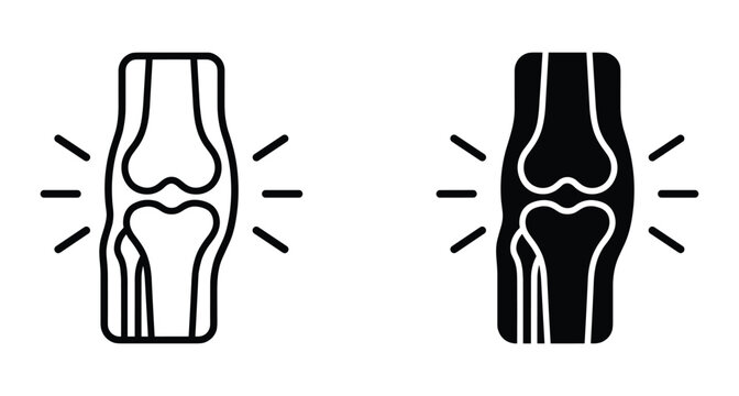 Knee joint pain icon set showing human leg bone anatomy with inflammation lines for medical healthcare and orthopedic surgery