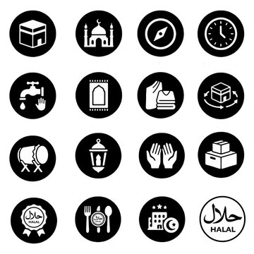 Islamic religion, ramadan and hajj solid circle icon set vector illustration