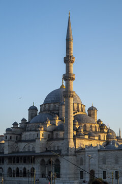 View of the Suleymaniye Mosque with its prominent dome and minaret under a clear blue sky in Istanbul, Istanbul, Turkiye.
