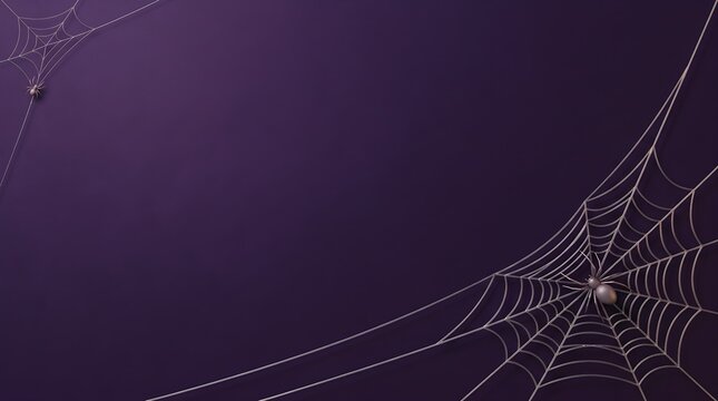 Spooky spider webs in corners on a deep purple background for Halloween holiday decoration and festive themed event backdrop