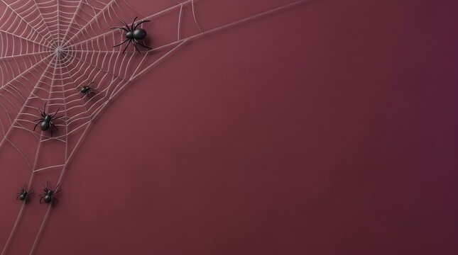 Black spiders on a white spider web corner border isolated against a dark maroon red background for Halloween backdrop