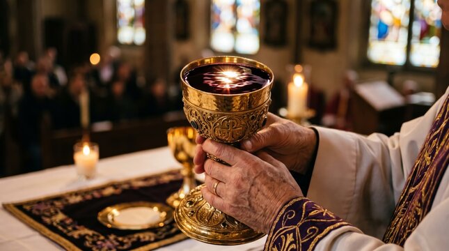Hands of priest holding golden chalice with red wine during communion mass. Catholic church altar with candles and stained glass in background.