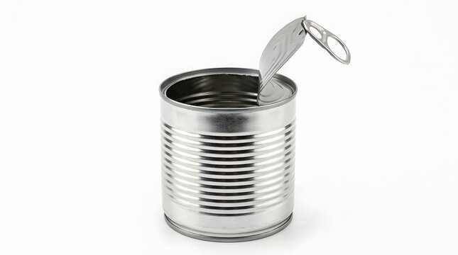 Metal tin can with open lid and pull tab top isolated