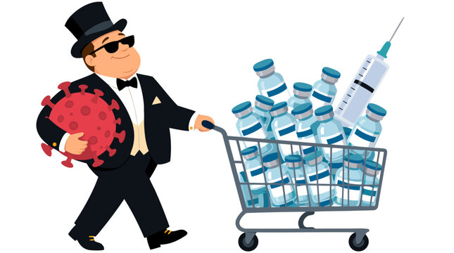 Wealthy capitalist man in black tuxedo and top hat pushing shopping cart filled with vaccine vials and syringe in satirical flat vector illustration style against plain white backdrop