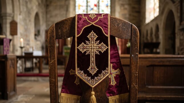 Ornate red and gold embroidered clergy stole with cross draped on wooden chair in old church. Blurred altar and stained glass windows create sacred atmosphere.
