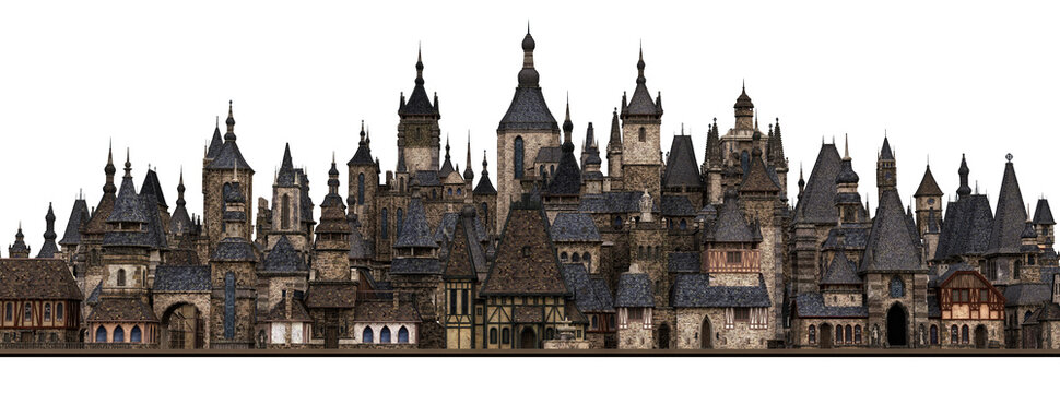 Fantasy medieval castle city with gothic towers, stone buildings, turrets and spires, creating a fictional fairytale kingdom skyline for fantasy, gaming, storytelling and worldbuilding concepts. 3D