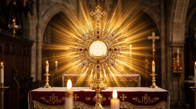 Golden radiant monstrance with holy communion host on altar in gothic cathedral. Burning candles and divine light glow in dark church interior.