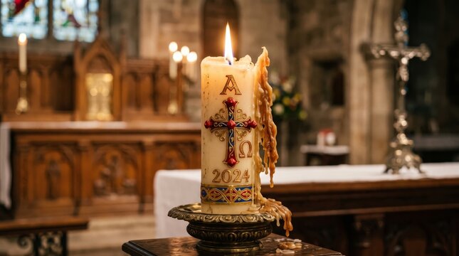 Burning paschal candle with cross and alpha omega symbols standing on altar in old church. Melting wax drips down decorated candle with year 2024.