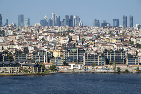 View of the modern skyline and residential waterfront buildings in Istanbul, Istanbul, Turkiye.