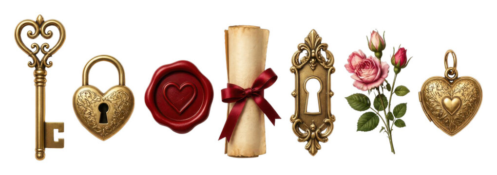 PNG Vintage romantic symbols with ornate keys, hearts, flowers