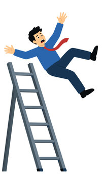Shocked businessman in bright blue shirt falling backwards off a tall grey stepladder representing sudden career risk flat vector illustration isolated against clean solid white background