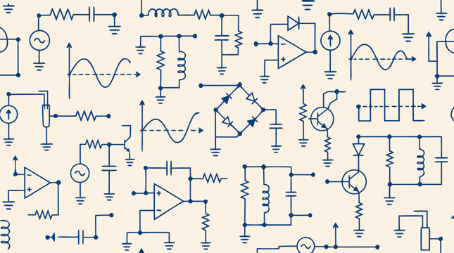 Seamless repeating pattern of dark blue electrical engineering circuit schematics diagrams and sine wave graphs flat vector illustration texture isolated against cream beige backdrop