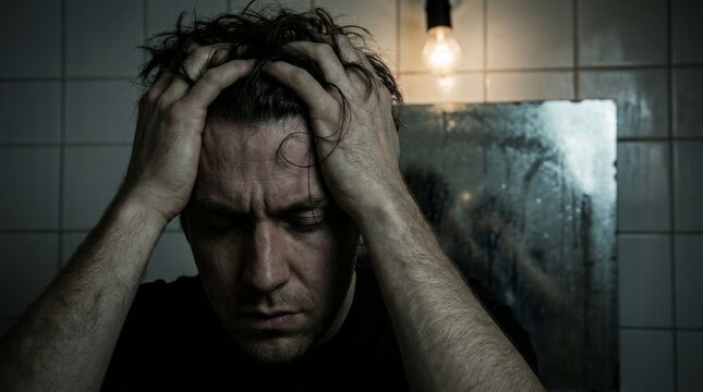 Man in distress with hands on head in dimly lit bathroom reflecting emotional struggle and mental health challenges