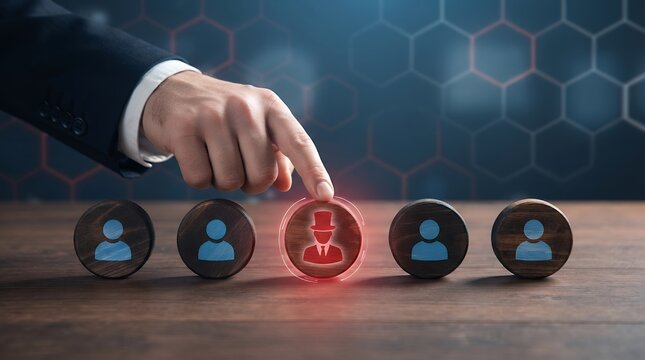 Anonymous user selection, a hand choosing an incognito icon from a row of generic profile avatars. Digital privacy and cybersecurity concept, a visual metaphor for data protection and online