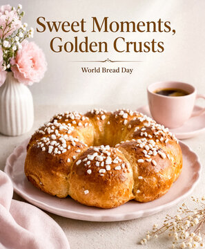 A ring brioche topped with pearl sugar on a pink plate beside a coffee cup. Sweet Moments Golden Crusts for World Bread Day concept.
