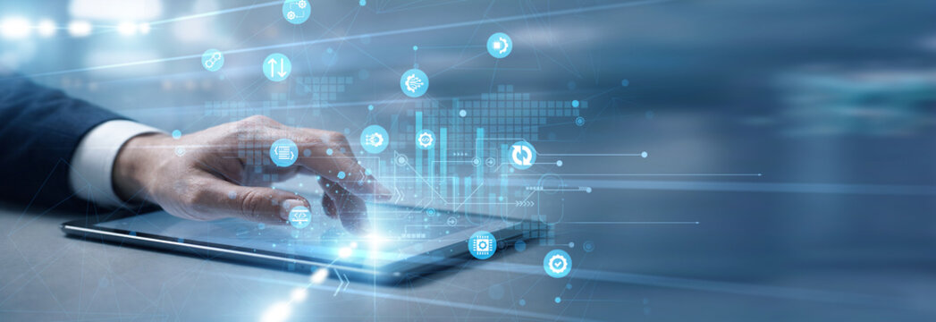 DevOps engineer streamlining development cycles, touch tablet and manage network deployment for DevOps integration, ensuring continuous delivery, system reliability, and operational efficiency.