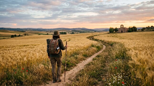 Woman pilgrim with backpack walking along dirt path through golden wheat field toward old church at sunset. Spiritual journey on pilgrimage route in countryside.