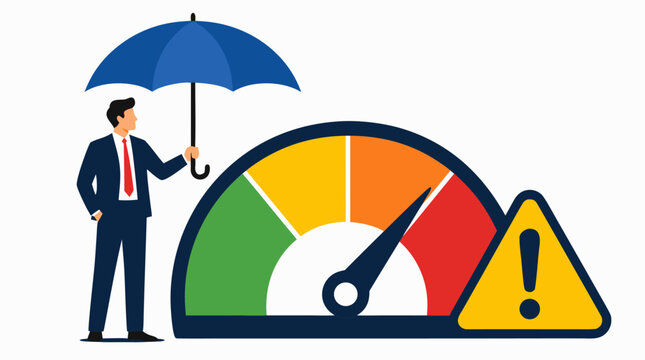 A businessman in a dark suit holding a blue umbrella beside a large risk gauge meter and a yellow hazard triangle, flat vector illustration portraying risk management on white backdrop