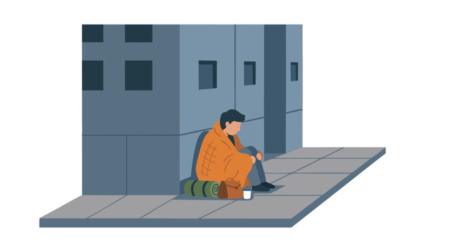 A lonely figure wrapped in an orange blanket sitting on a grey pavement curb beside a tall urban building, flat vector illustration showing poverty and homelessness on a white background