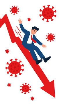 A distressed businessman slides down a steep red descending arrow surrounded by green pandemic virus cells in this economic crisis concept vector illustration on an off-white background