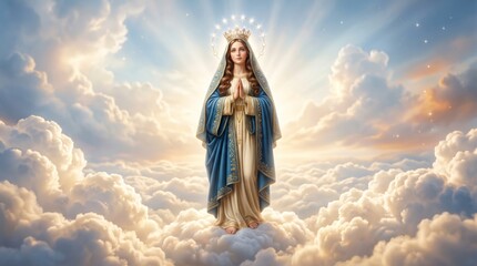 Fototapeta premium Virgin Mary standing on clouds with crown and rosary in praying hands. Heavenly sky with glowing light and stars surrounds the blessed mother.