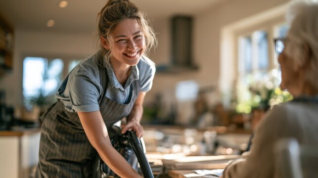Caregiver helps elderly person in a kitchen setting during daytime