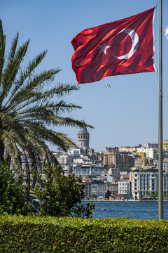 View of Galata Tower rising above the historic urban skyline of Istanbul, framed by a waving Turkish flag and a palm tree against a clear blue sky in Istanbul, Istanbul, Turkiye.