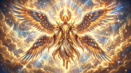 Fototapeta premium Majestic golden seraph angel with multiple wings glowing in heavenly light. Divine spiritual figure surrounded by clouds and stars in celestial sky.
