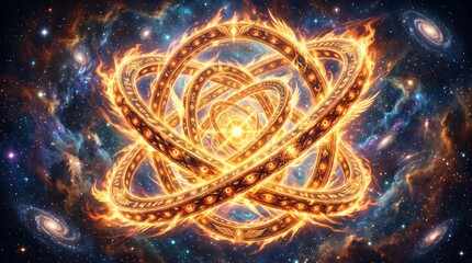 Fototapeta premium Fiery angelic wheels with eyes glowing in cosmic space. Mystical vision of celestial Thrones from biblical prophecy. Religious fantasy concept for spiritual and esoteric design.